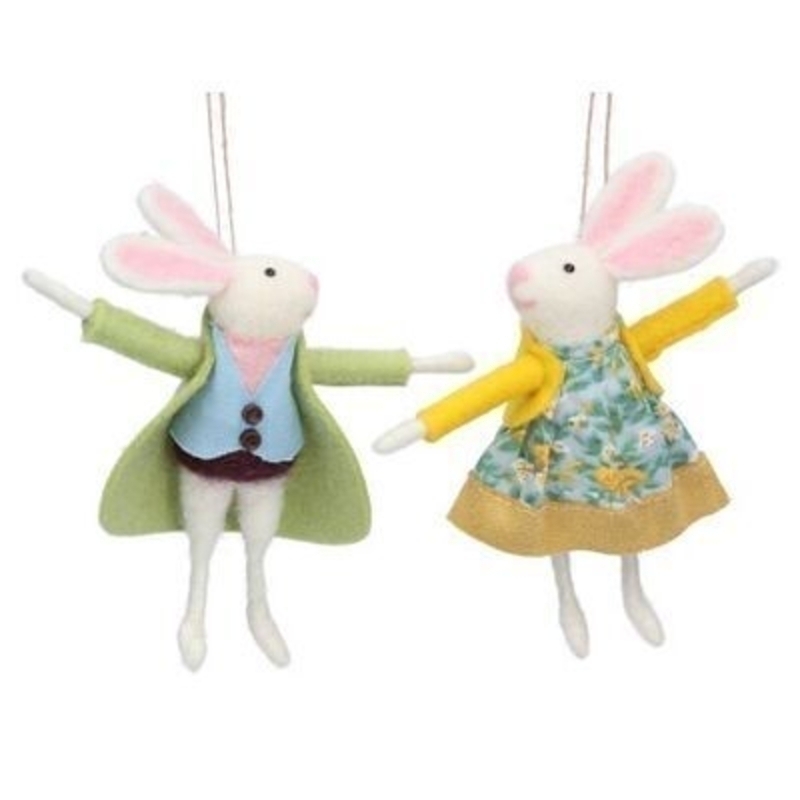Mixed wool white Mr and Mrs bunny hanging decorations in green and yellow. The perfect addition to your home for Easter and Spring. By Gisela Graham. 